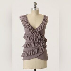 Anthro Deletta Nexus Mauve Gray Pima Cotton Ruffle Rosette 3D Textured Tank S